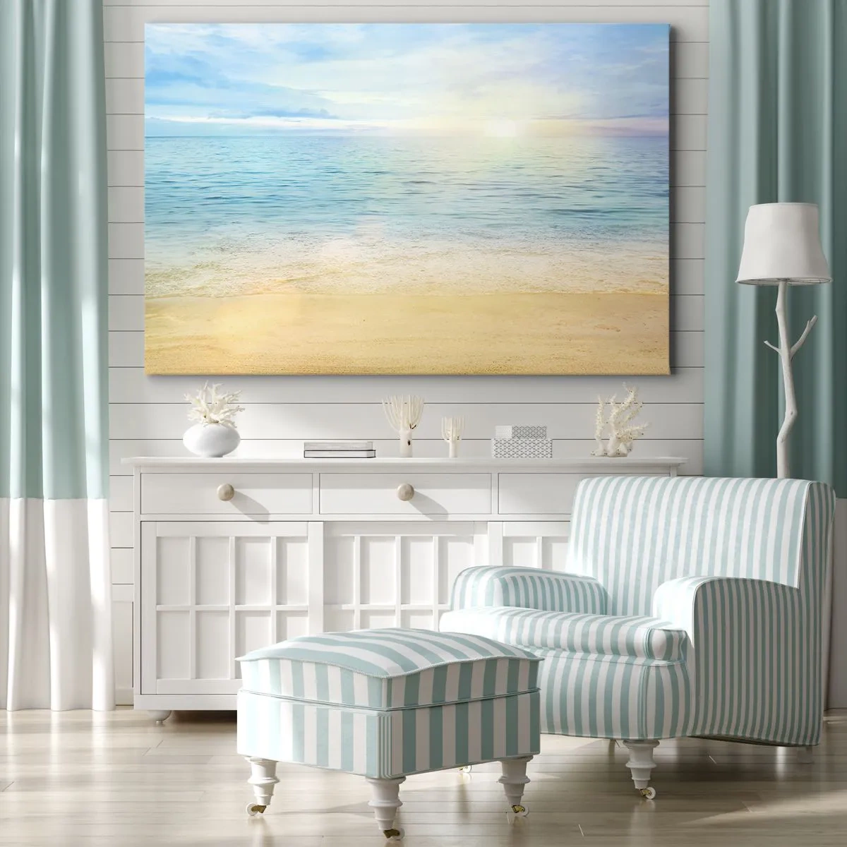 Impression sur toile - Image sur toile - Une plage avec une mer turquoise et un ciel clair - 100x70cm - Le grand bleu - Décoration murale moderne pour le salon et la chambre ARTTOR