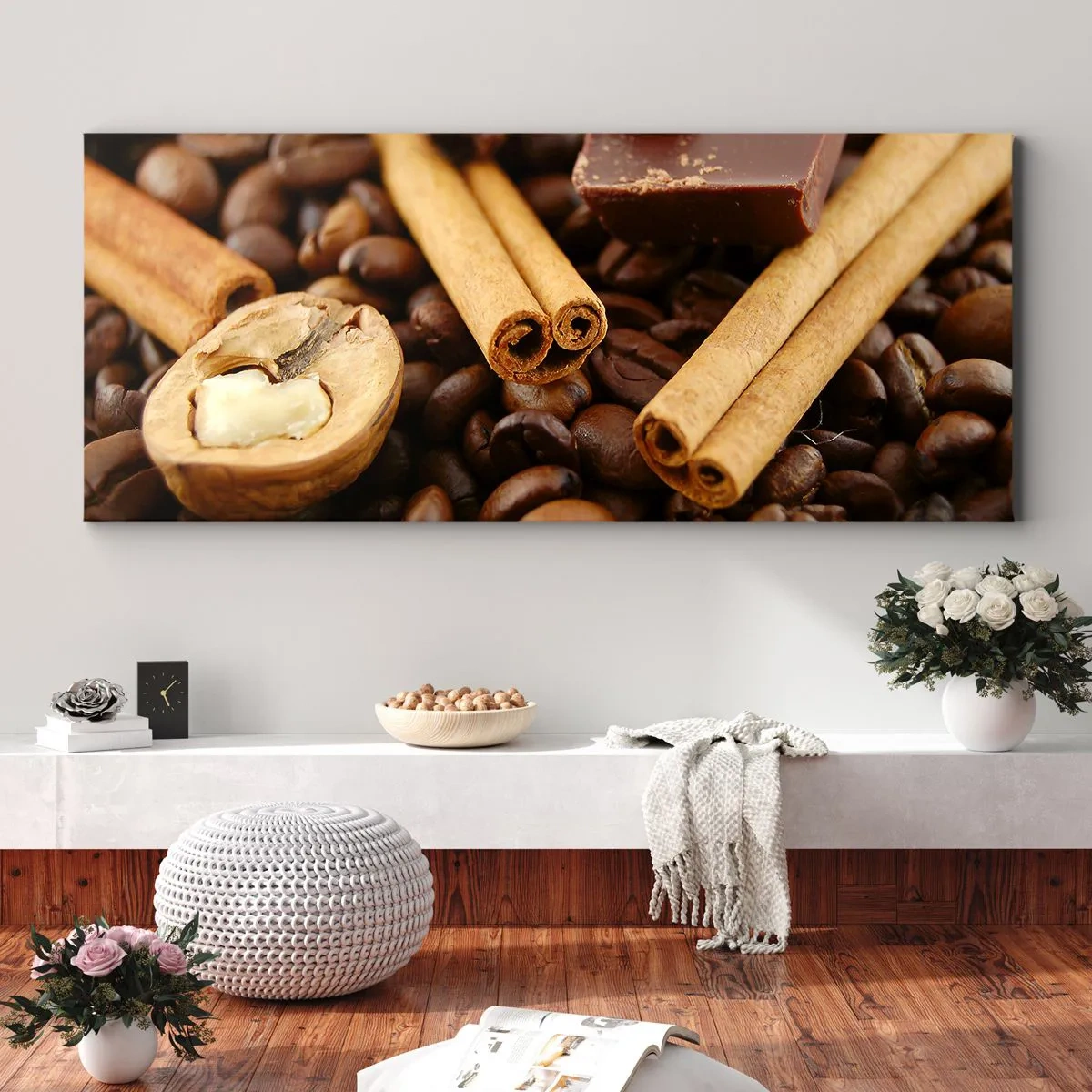 Impression sur toile - Image sur toile - Grains de café avec bâtons de cannelle, chocolat et noix. - 140x50cm - Concert d'aromates - Décoration murale moderne pour le salon et la chambre ARTTOR