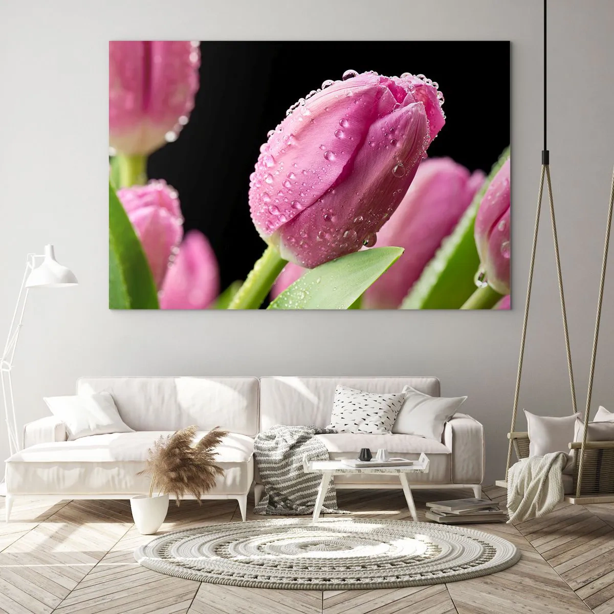 Impression sur verre - Image sur verre - Tulipes roses couvertes de gouttes de rosée sur fond noir - 120x80cm - Rêve de lilas dans la rosée - Décoration murale moderne pour le salon et la chambre ARTTOR