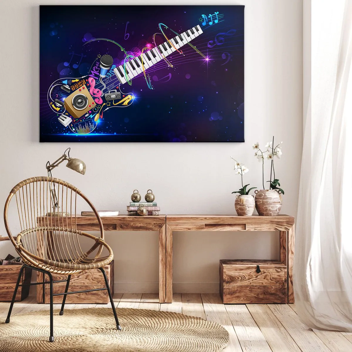 Impression sur toile - Image sur toile - Une guitare colorée avec un clavier et un microphone sur un fond sombre. - 120x80cm - Et tout va bien - Décoration murale moderne pour le salon et la chambre ARTTOR