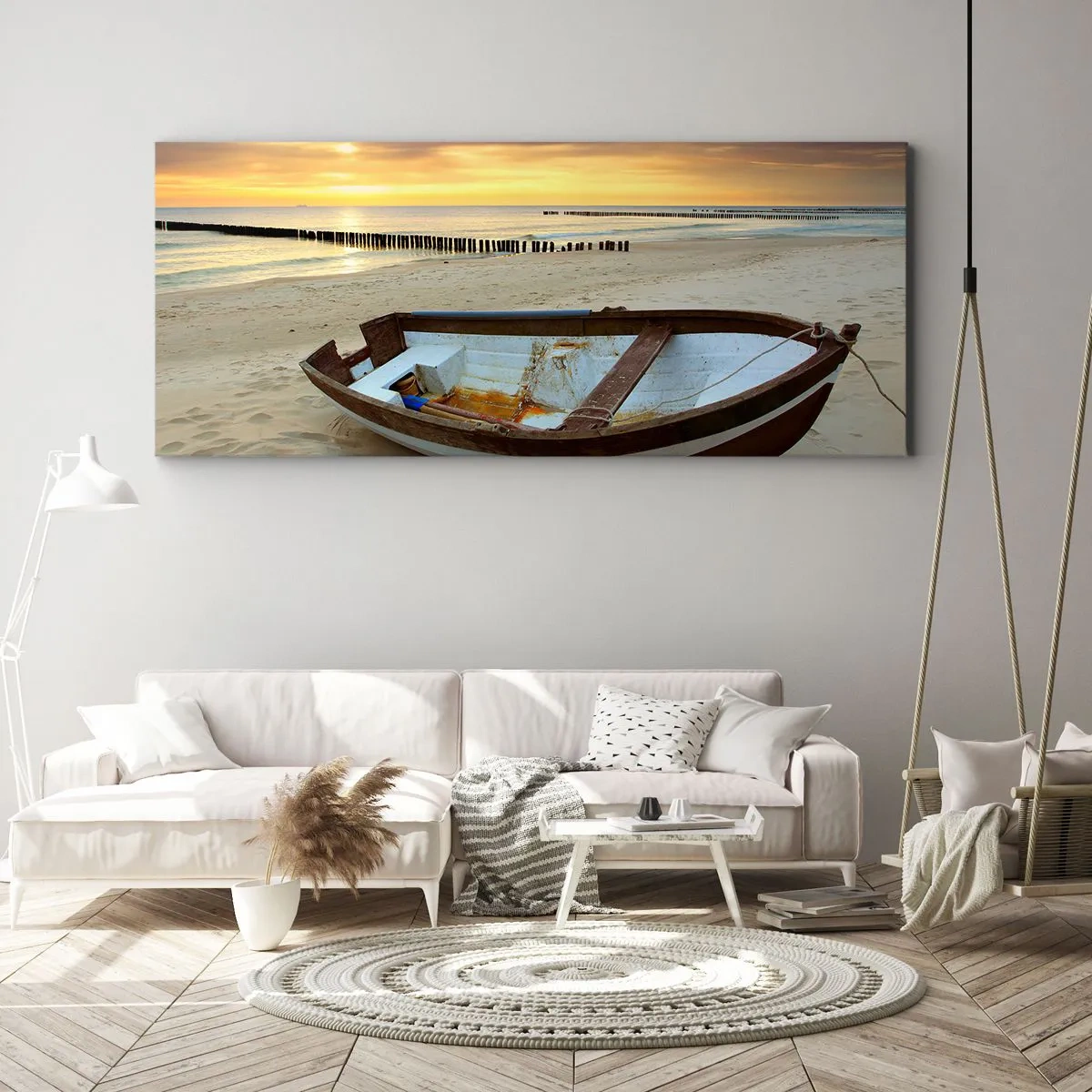 Impression sur toile - Image sur toile - Un bateau sur une plage de sable au coucher du soleil - 120x50cm - Il n'y a pas de plus belles plages - Décoration murale moderne pour le salon et la chambre ARTTOR