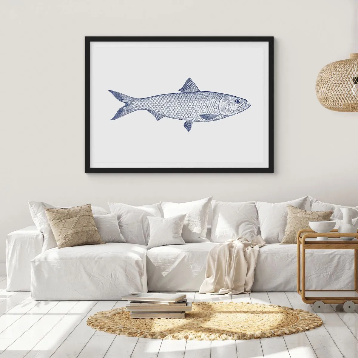 Affiche dans un cadre noir - Poster - Illustration d'un poisson dans des tons de bleu sur fond clair - 70x50cm - Salutations des mers du nord - Décoration murale moderne pour le salon et la chambre ARTTOR