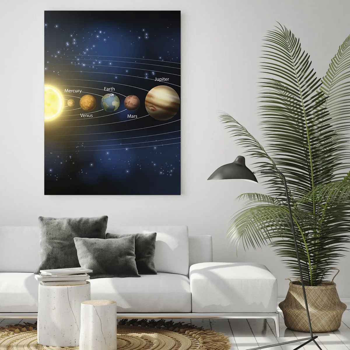 Impression sur verre - Image sur verre - Le système solaire avec des planètes et des étoiles en arrière-plan - 50x70cm - L'une des dix - Décoration murale moderne pour le salon et la chambre ARTTOR