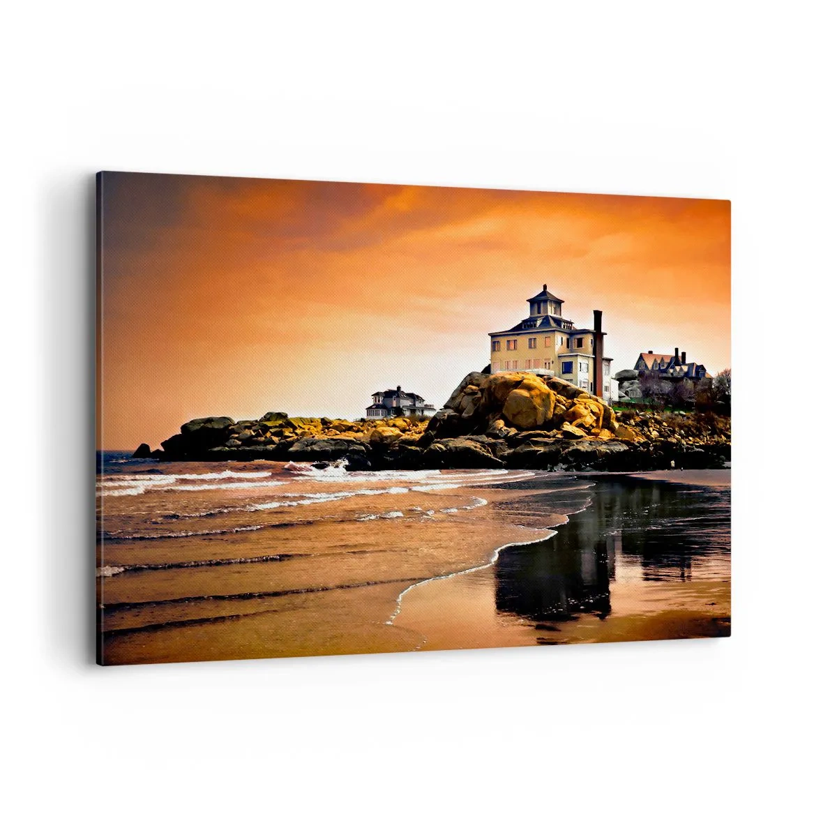 Impression sur toile - Image sur toile - Une maison sur un rocher près de la plage au coucher du soleil avec son reflet dans l'eau - 120x80cm - L'élégance de la côte ouest - Décoration murale moderne pour le salon et la chambre ARTTOR
