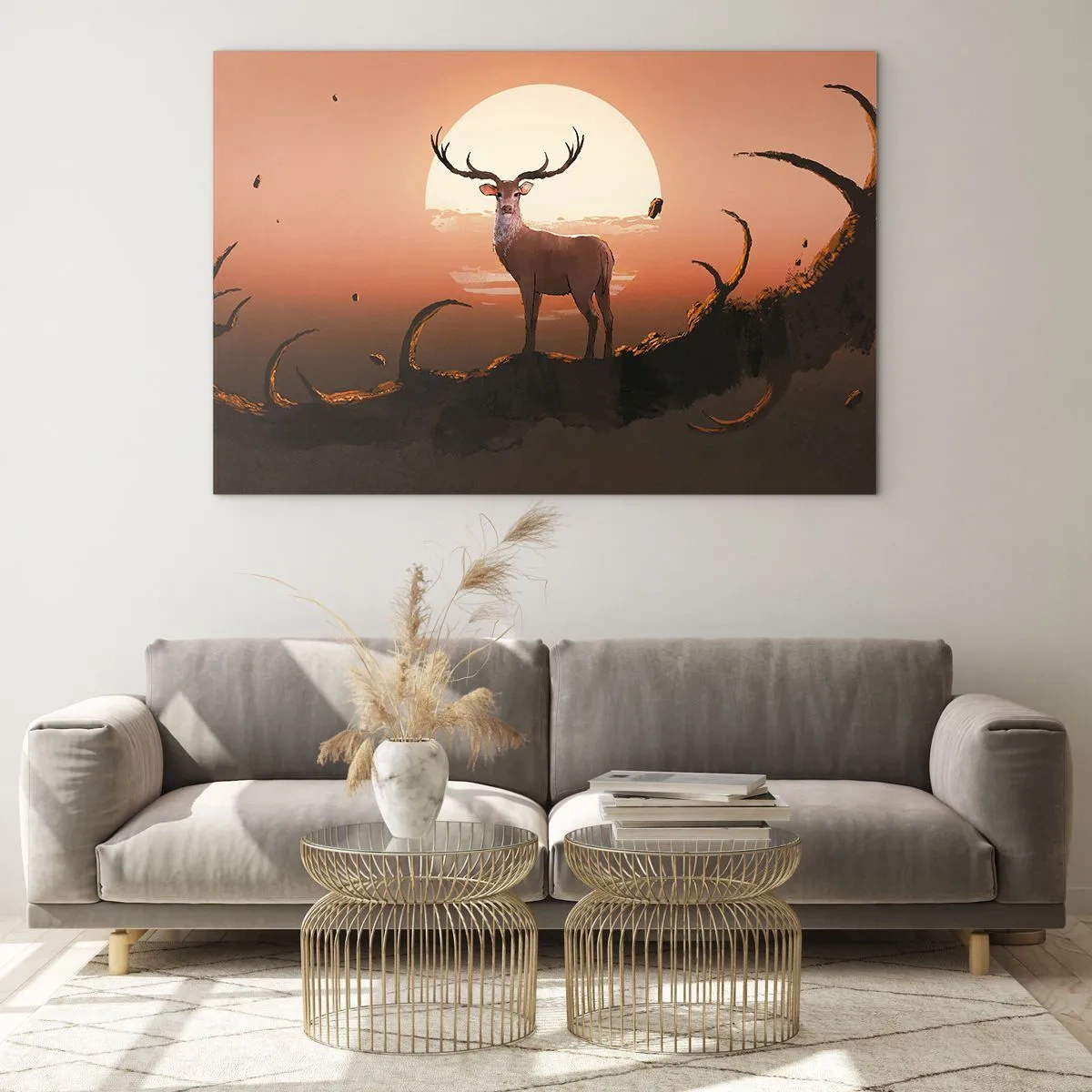 Impression sur verre - Image sur verre - Silhouette d'un cerf sur fond de grande lune entourée de branches - 120x80cm - Cette nuit ne ressemble à aucune autre - Décoration murale moderne pour le salon et la chambre ARTTOR