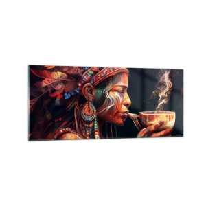 Impression sur verre - Image sur verre - Une figure colorée de style ethnique avec une tasse de boisson fumante - 120x50cm - Rituel magique - Décoration murale moderne pour le salon et la chambre ARTTOR