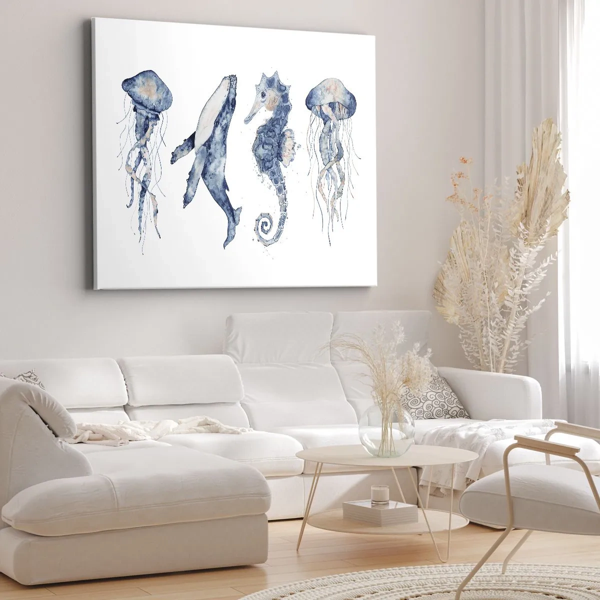 Impression sur toile - Image sur toile - Méduse, baleine et hippocampe dans un style aquarelle - 120x80cm - Merveilles de la mer - Décoration murale moderne pour le salon et la chambre ARTTOR