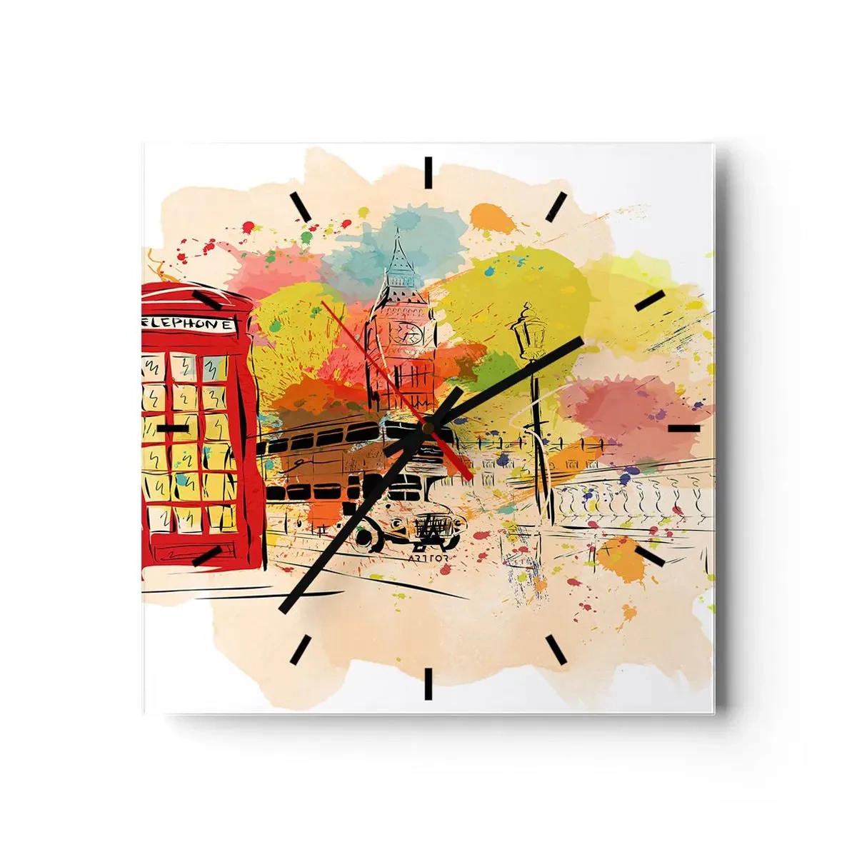 Horloge murale - Pendule murale - Thème londonien avec bus rouge et stand - 30x30cm - La ville de la variété - Décoration murale moderne pour le salon et la chambre ARTTOR