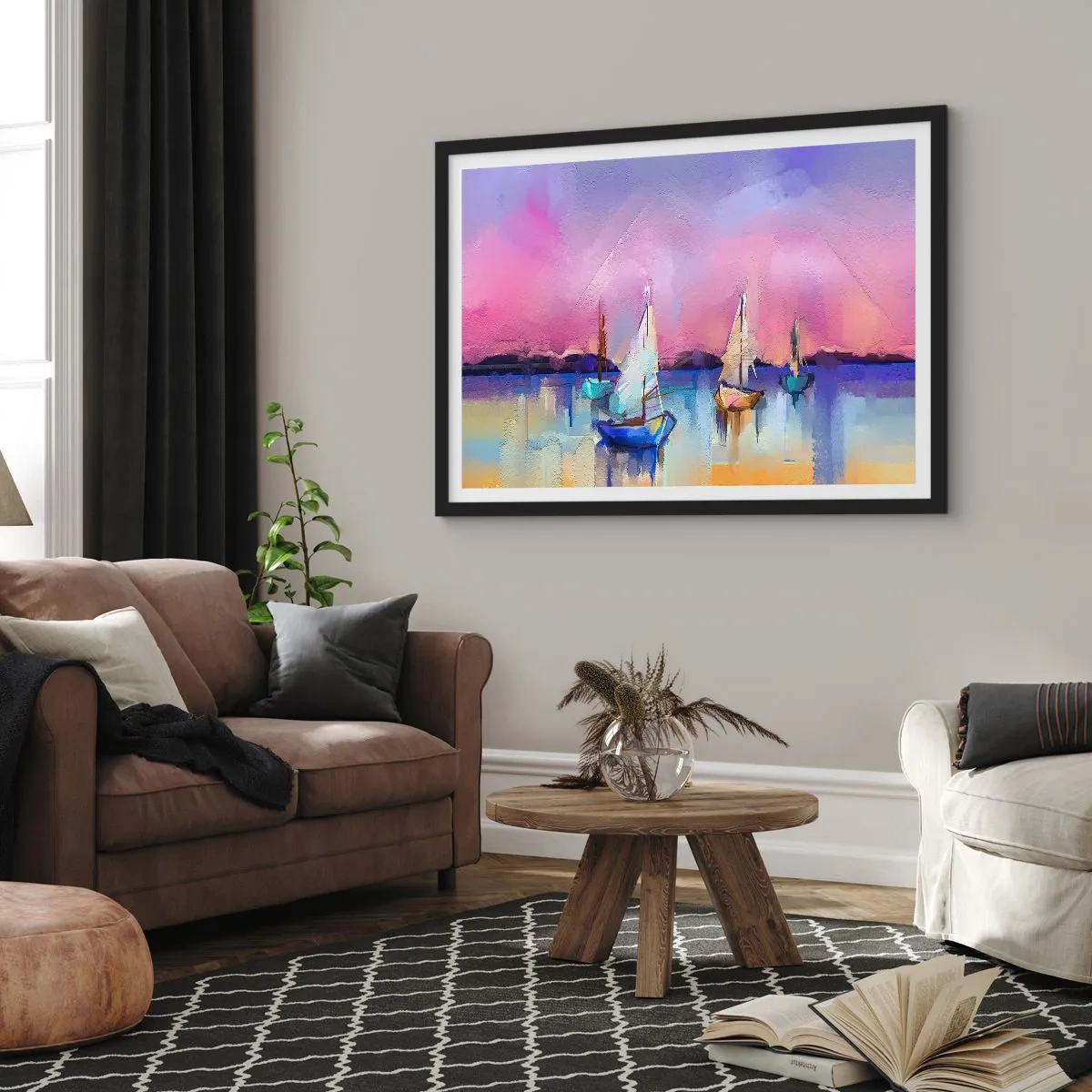 Affiche dans un cadre noir - Poster - Voiliers sur une mer calme aux couleurs pastel du coucher de soleil - 70x50cm - Direction: les eaux larges - Décoration murale moderne pour le salon et la chambre ARTTOR