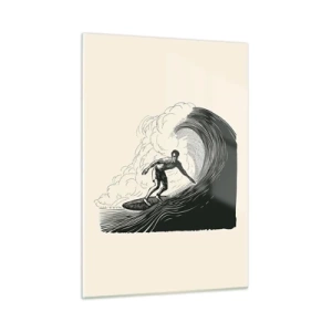 Impression sur verre - Image sur verre - Surfeur chevauchant une haute vague dans un style de dessin rétro - 50x70cm - Le roi de la vague - Décoration murale moderne pour le salon et la chambre ARTTOR