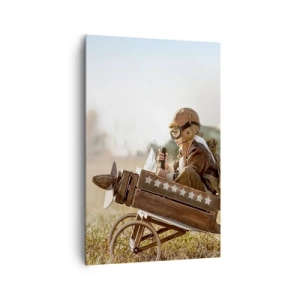 Impression sur toile - Image sur toile - Un enfant dans un avion jouet avec un champ en arrière-plan - 80x120cm - Départ vers un rêve - Décoration murale moderne pour le salon et la chambre ARTTOR