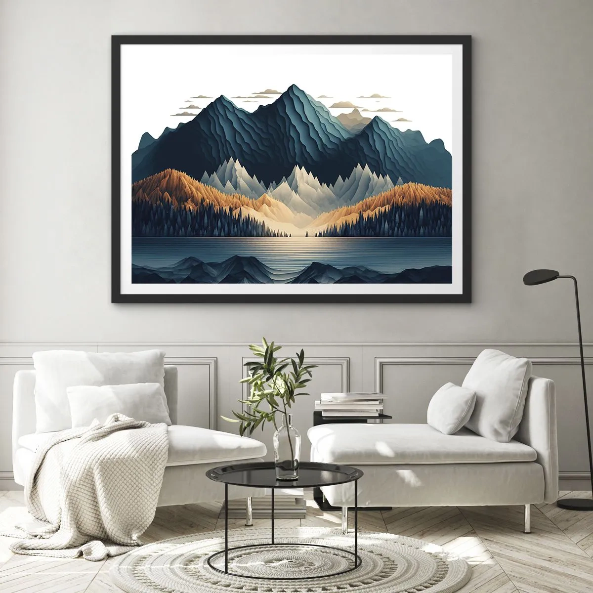 Affiche dans un cadre noir - Poster - Montagnes pittoresques sur le lac au coucher du soleil - 100x70cm - Paysage de montagne parfait - Décoration murale moderne pour le salon et la chambre ARTTOR