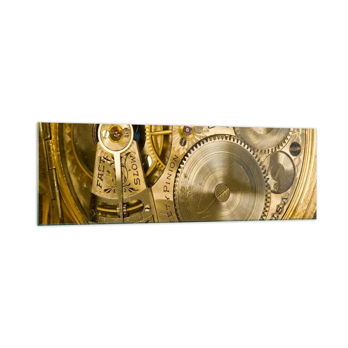 Impression sur verre - Image sur verre - Mécanisme de montre avec engrenages et détails visibles - 160x50cm - Marcher avec son temps - Décoration murale moderne pour le salon et la chambre ARTTOR