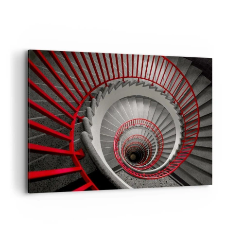 Impression sur toile - Image sur toile - Escalier en colimaçon avec rampes rouges dans une perspective dynamique - 100x70cm - Amusement architectural - Décoration murale moderne pour le salon et la chambre ARTTOR