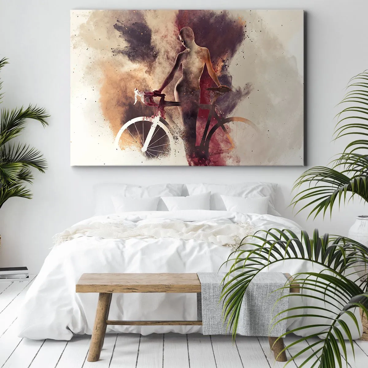 Impression sur toile - Image sur toile - Silhouette abstraite avec un vélo dans un style artistique - 70x50cm - Une âme de vélo aux formes marbrées - Décoration murale moderne pour le salon et la chambre ARTTOR