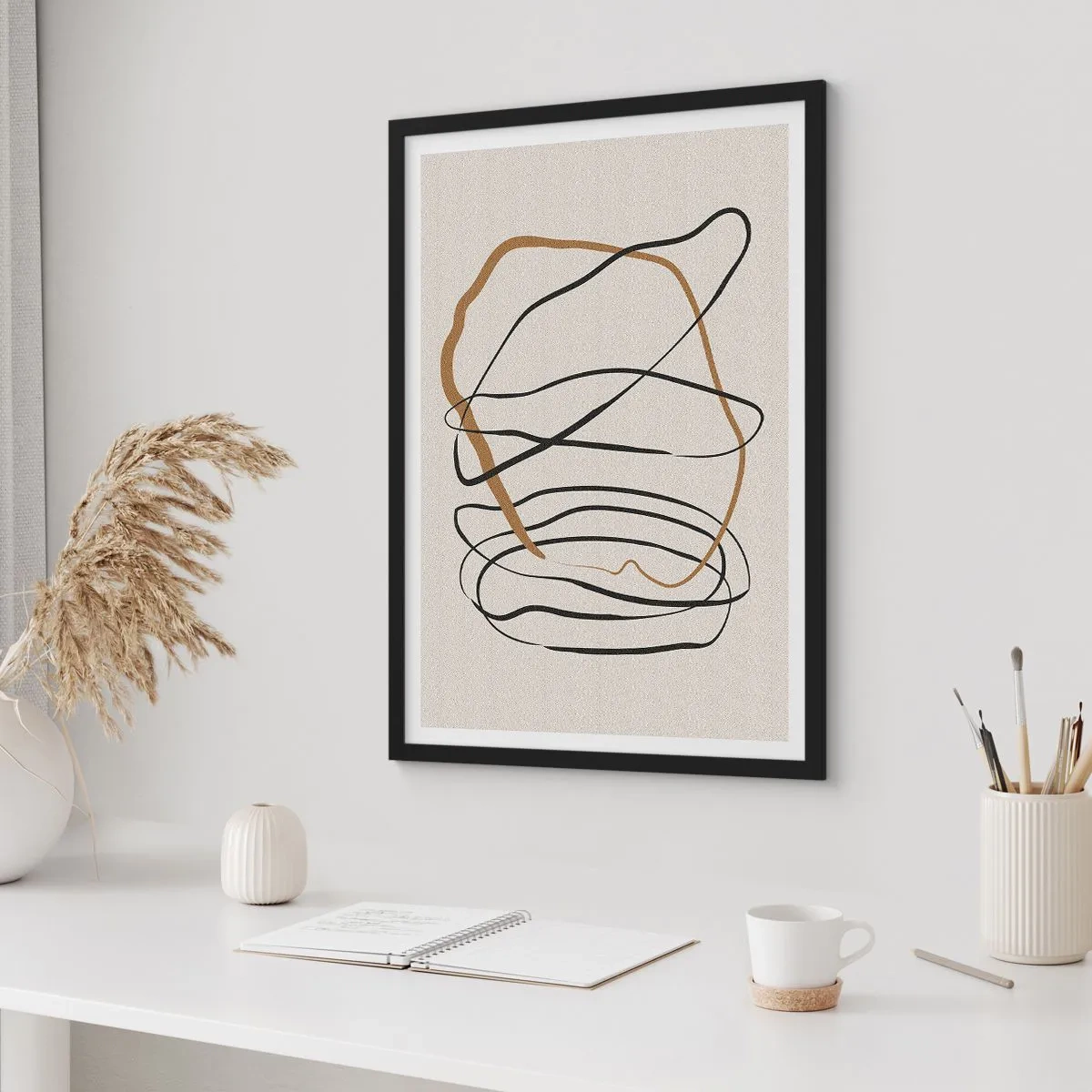Affiche dans un cadre noir - Poster - Abstraction minimaliste aux lignes dynamiques - 50x70cm - Composition – danse en boucle - Décoration murale moderne pour le salon et la chambre ARTTOR