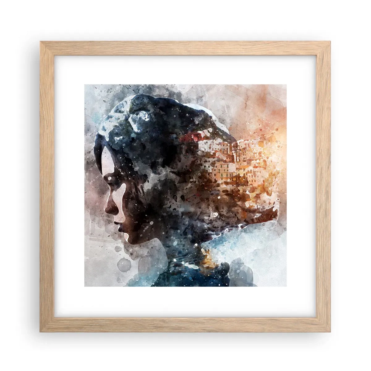 Affiche dans un chêne clair - Poster - L'histoire d'une fille avec une ville en arrière-plan - 30x30 cm