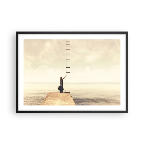 Affiche dans un cadre noir - Poster - Une femme debout sur une jetée avec une échelle menant au ciel - 70x50cm - Voyage magique - Décoration murale moderne pour le salon et la chambre ARTTOR