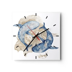 Horloge murale - Pendule murale - Baleines bleues abstraites sur fond clair - 30x30cm - Amis ou amoureux? - Décoration murale moderne pour le salon et la chambre ARTTOR