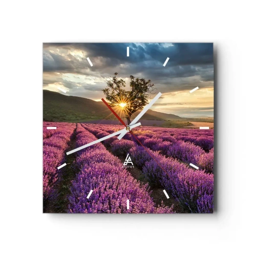 Horloge murale - Pendule murale - Un champ de lavande avec un arbre solitaire au coucher du soleil - 30x30cm - Arôme de couleur lilas - Décoration murale moderne pour le salon et la chambre ARTTOR