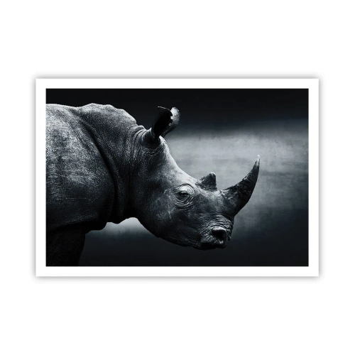 Affiche - Poster - Portrait noir et blanc d'un rhinocéros sur fond sombre - 100x70cm - Le profil droit - Décoration murale moderne pour le salon et la chambre ARTTOR