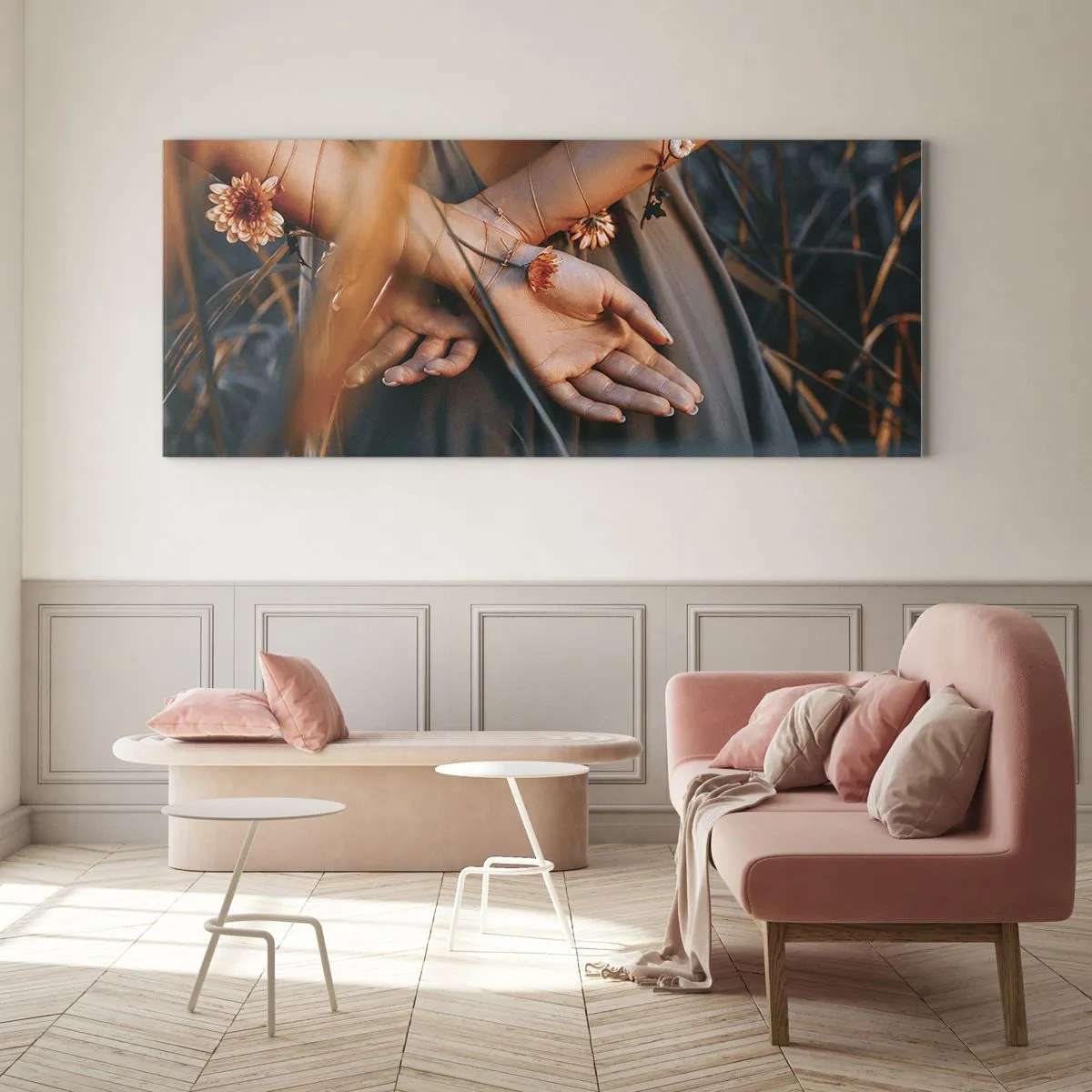Impression sur verre - Image sur verre - Mains sensuelles avec des fleurs dans un cadre naturel - 120x50cm - Liée à la nature - Décoration murale moderne pour le salon et la chambre ARTTOR