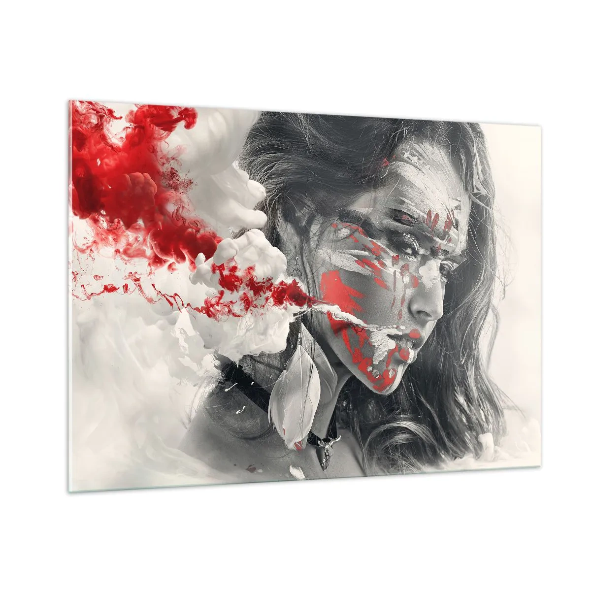 Impression sur verre - Image sur verre - Portrait d'une femme aux motifs abstraits rouges et blancs - 100x70cm - Dans les fumées de l'absurde - Décoration murale moderne pour le salon et la chambre ARTTOR