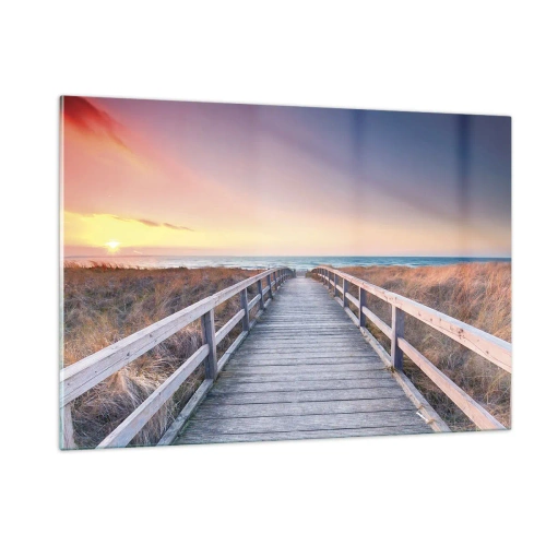 Impression sur verre - Image sur verre - Jetée en bois menant à la plage au coucher du soleil - 120x80cm - Aurore baltique du soir - Décoration murale moderne pour le salon et la chambre ARTTOR