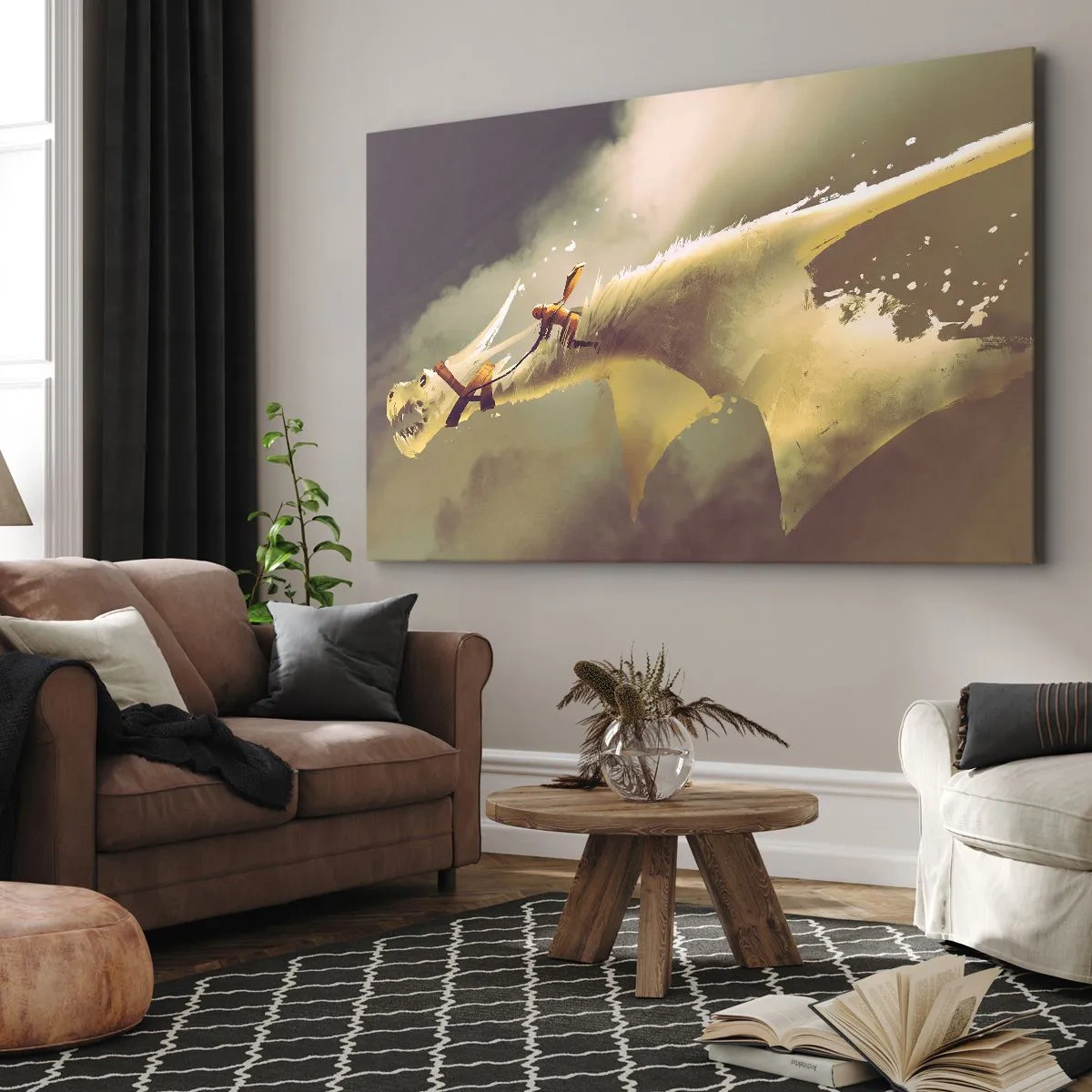 Impression sur toile - Image sur toile - Illustration d'un cavalier de dragon dans un paysage nuageux fantastique - 100x70cm - Le monde à la rescousse - Décoration murale moderne pour le salon et la chambre ARTTOR