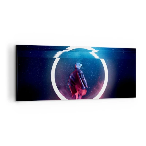 Impression sur toile - Image sur toile - Un personnage dans un environnement futuriste avec un cercle de néon - 120x50cm - Entre deux mondes - Décoration murale moderne pour le salon et la chambre ARTTOR