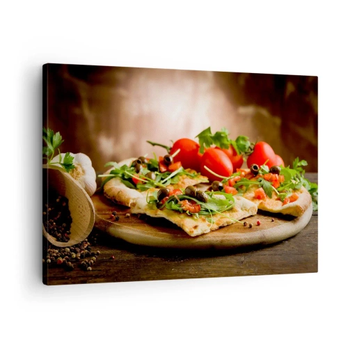 Impression sur toile - Image sur toile - Pizza aux légumes sur une planche en bois dans un style rustique - 70x50cm - Directement du four et du jardin - Décoration murale moderne pour le salon et la chambre ARTTOR