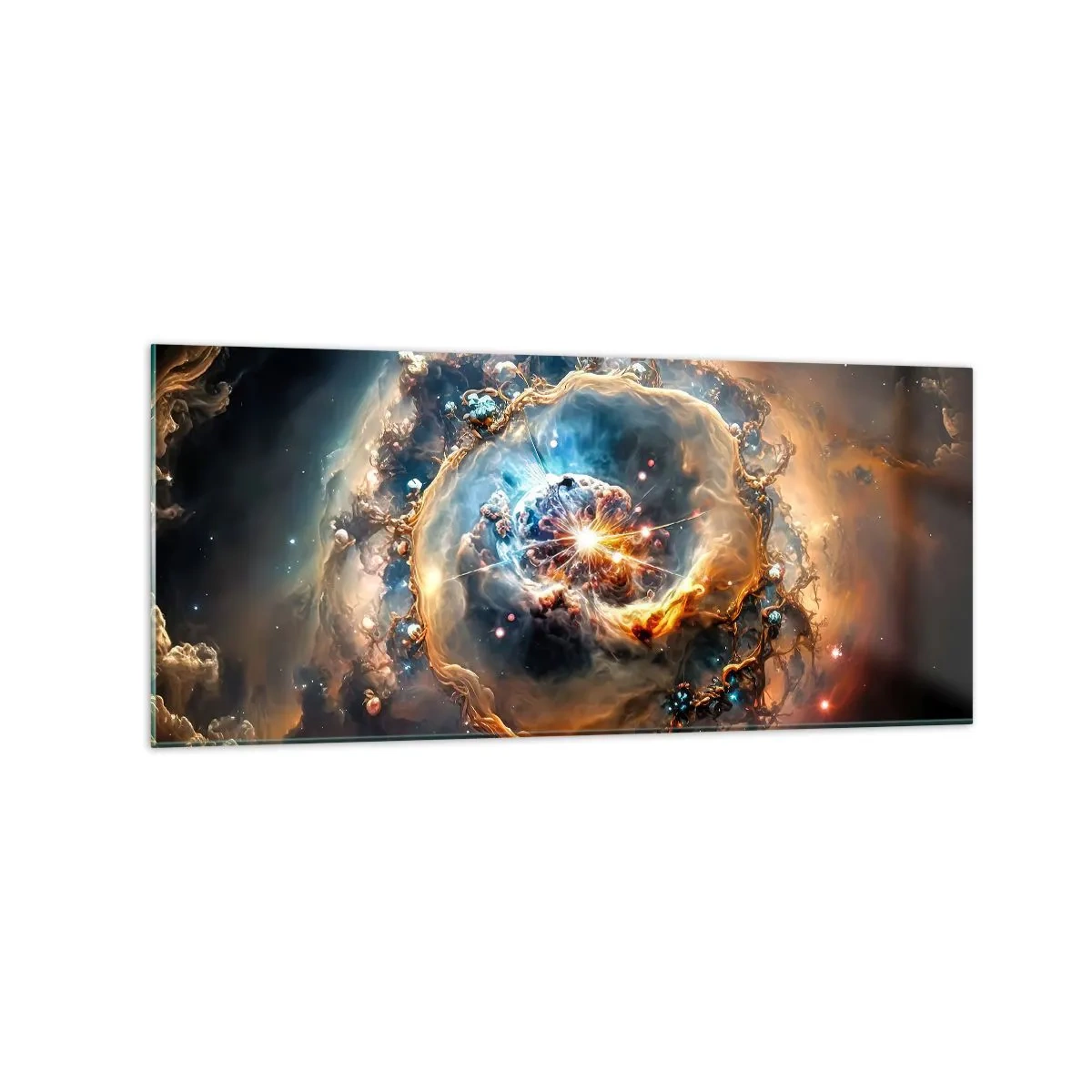 Impression sur verre - Image sur verre - Une vision abstraite d'une explosion cosmique dans des tons d'or et de bleu. - 120x50cm - Le début - Décoration murale moderne pour le salon et la chambre ARTTOR