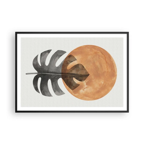 Affiche dans un cadre noir - Poster - Feuille de Monstera et cercle doré sur fond clair - 100x70cm - Toujours le soleil - Décoration murale moderne pour le salon et la chambre ARTTOR