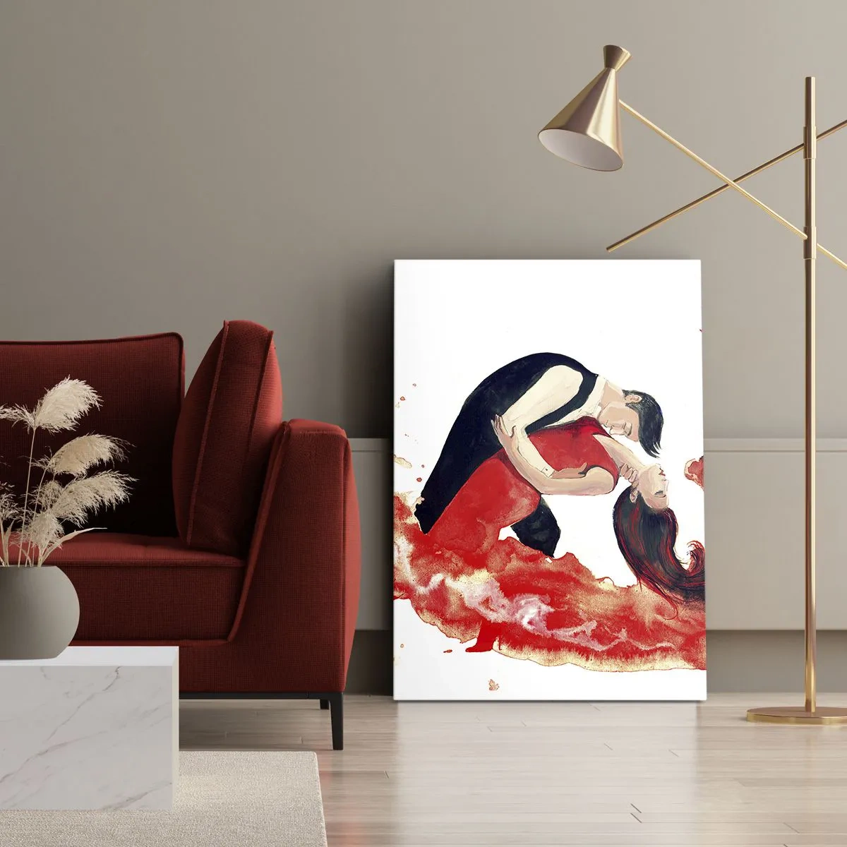 Impression sur toile - Image sur toile - Une aquarelle dynamique d'un couple dansant aux couleurs rouges. - 50x70cm - Tango - une vague sensuelle - Décoration murale moderne pour le salon et la chambre ARTTOR