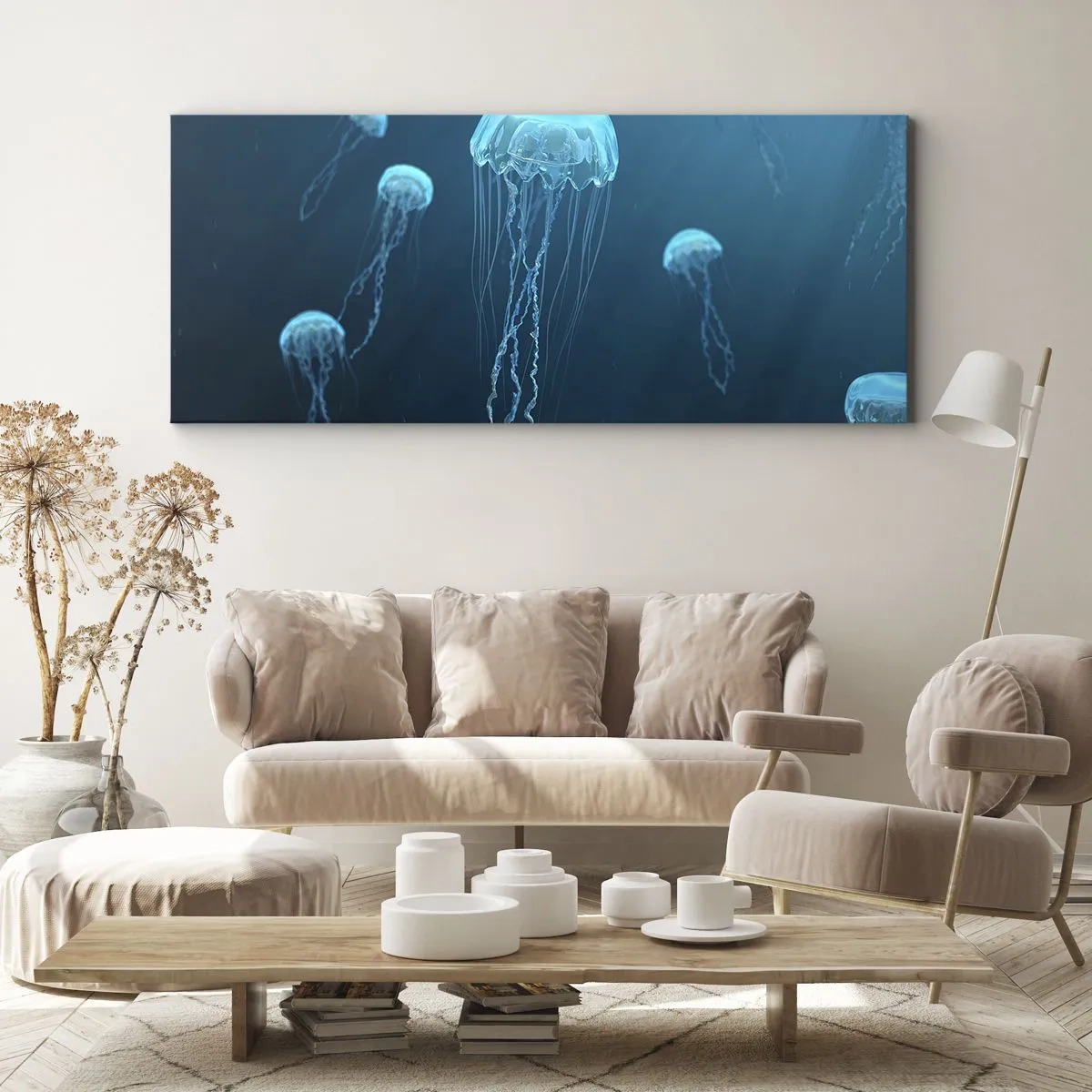Impression sur toile - Image sur toile - Méduses flottant dans les profondeurs de l'océan dans des tons bleus - 120x50cm - Danse océanique - Décoration murale moderne pour le salon et la chambre ARTTOR