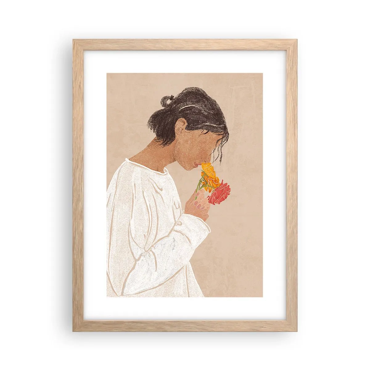 Affiche dans un chêne clair - Poster - Fille et fleurs - 30x40 cm