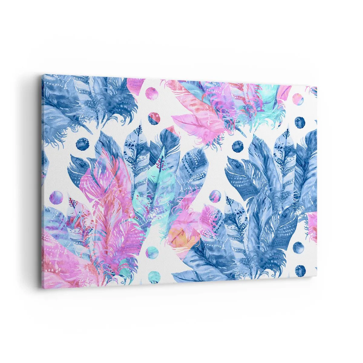 Impression sur toile - Image sur toile - Motif abstrait avec des plumes colorées dans des tons pastel - 100x70cm - Plumes en rose et bleu - Décoration murale moderne pour le salon et la chambre ARTTOR