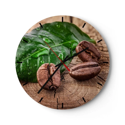 Horloge murale - Pendule murale - Grains de café et feuille verte sur fond de bois - 30x30cm - La plus vraie et noire - Décoration murale moderne pour le salon, la cuisine et la chambre ARTTOR