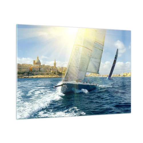 Impression sur verre - Image sur verre - Un yacht naviguant avec en toile de fond une ville par une journée ensoleillée - 100x70cm - Il est temps de quitter la ville - Décoration murale moderne pour le salon et la chambre ARTTOR