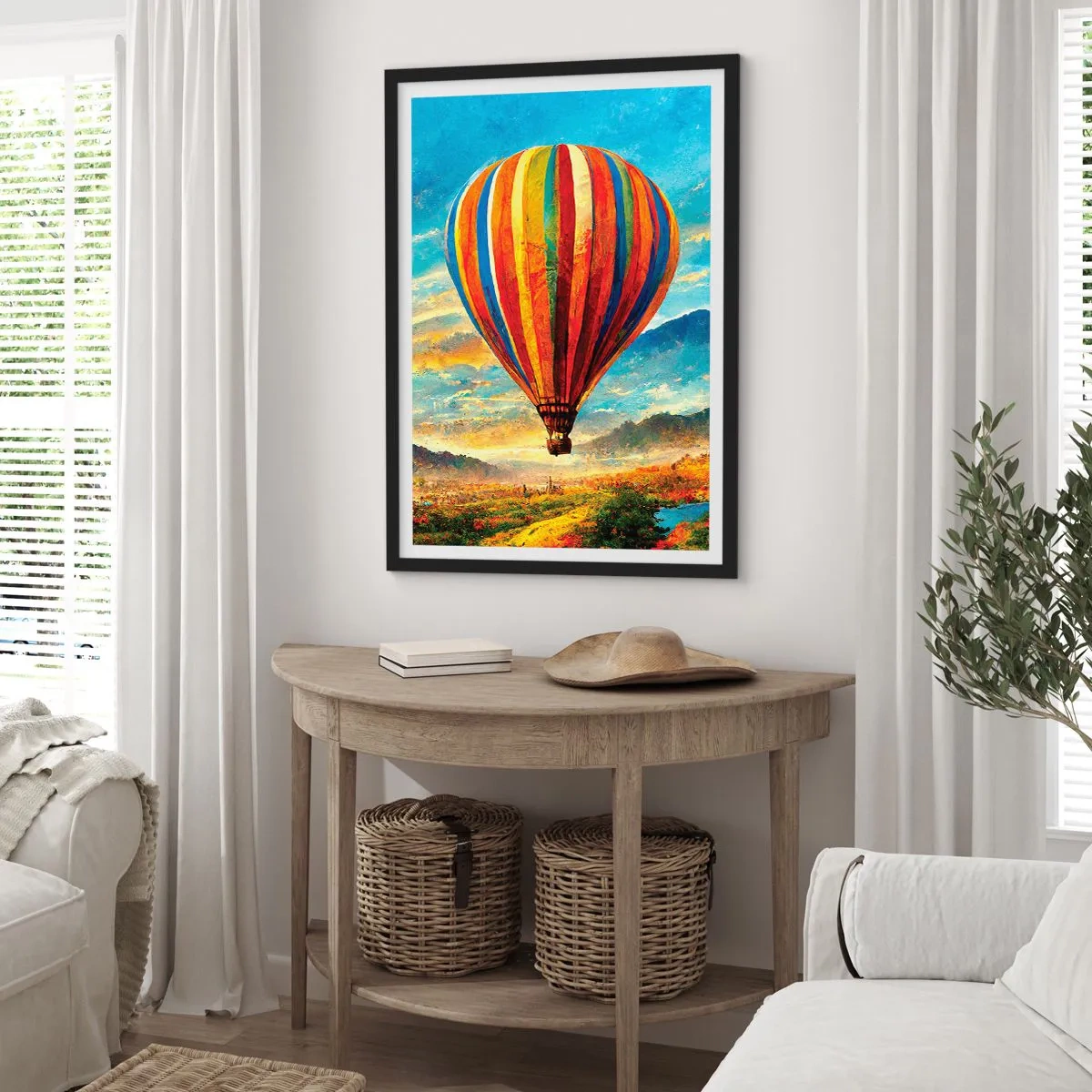 Affiche dans un cadre noir - Poster - Un ballon coloré au-dessus d'un paysage pittoresque - 50x70cm - Dans le silence on voit mieux - Décoration murale moderne pour le salon et la chambre ARTTOR