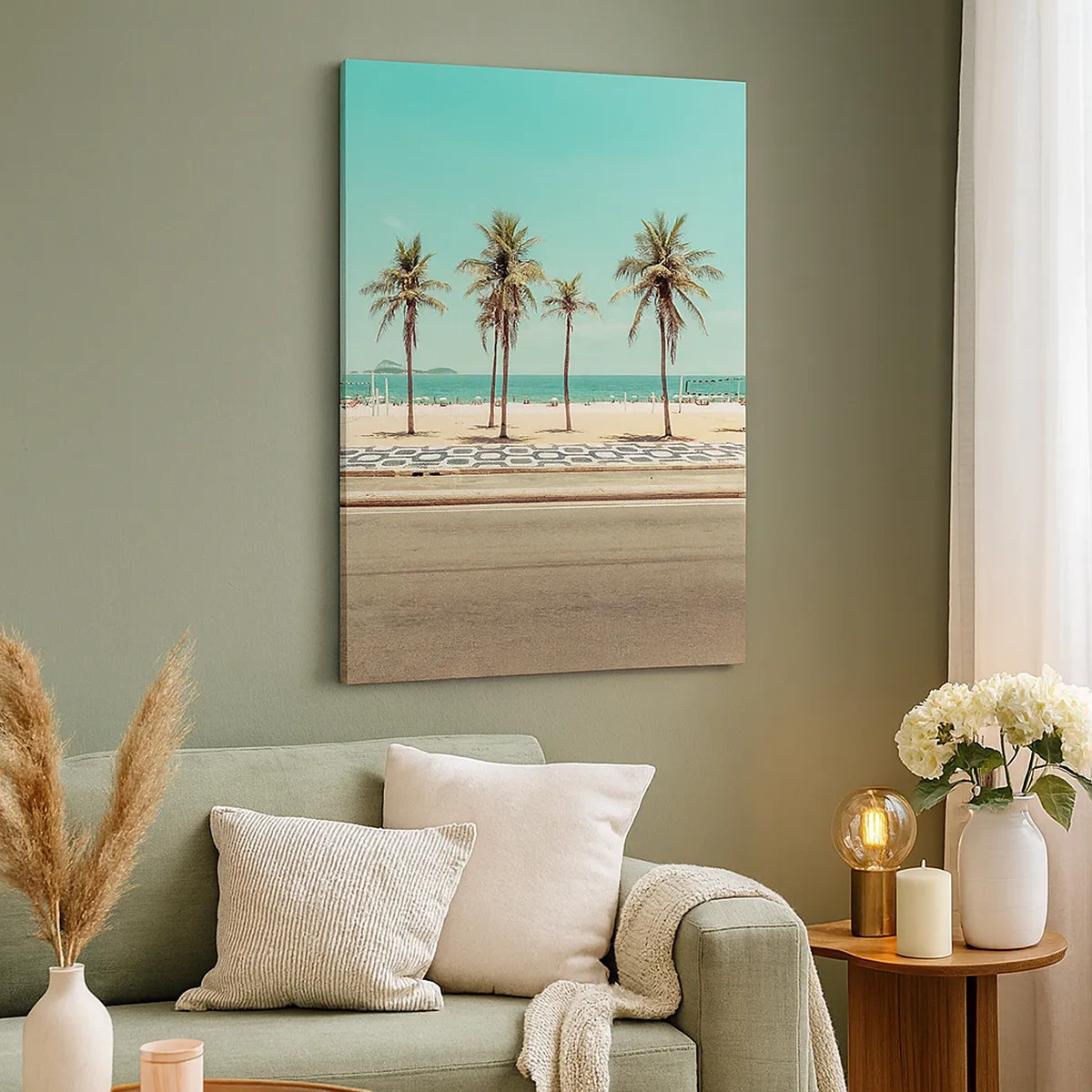 Impression sur toile - Image sur toile - Palmiers sur la plage surplombant la mer et le ciel bleu - 50x70cm - Gardien de plage - Décoration murale moderne pour le salon et la chambre ARTTOR