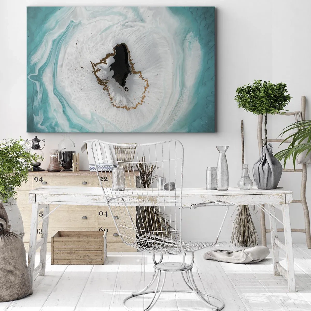 Impression sur toile - Image sur toile - Motif de géode abstrait dans des tons de turquoise, blanc et or - 70x50cm - Pénétrer à l'intérieur - Décoration murale moderne pour le salon et la chambre ARTTOR