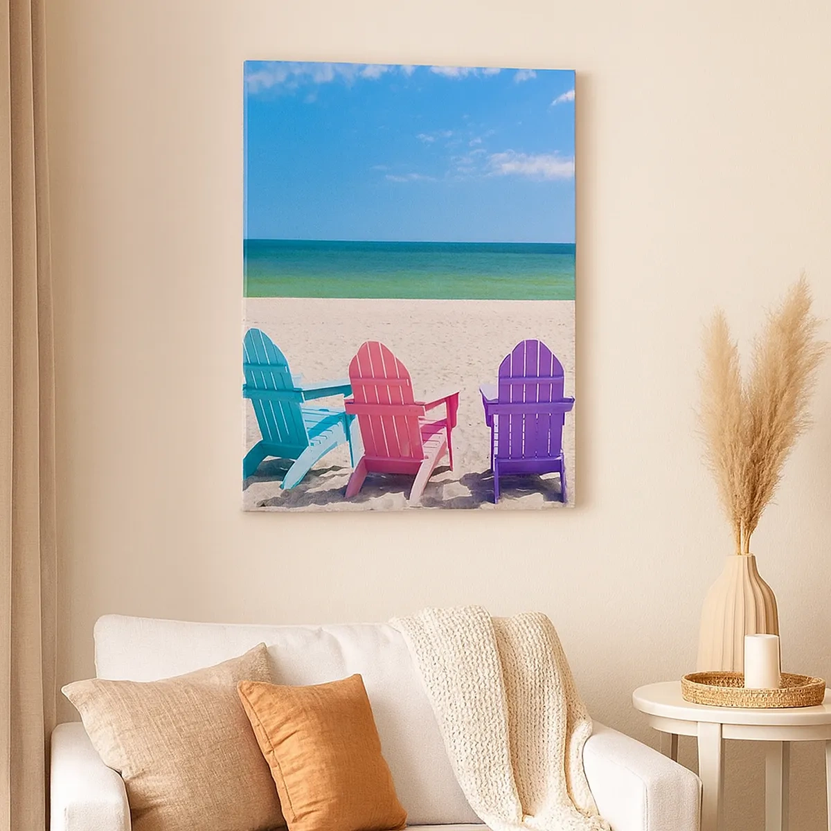 Impression sur toile - Image sur toile - Chaises longues colorées sur la plage avec vue sur la mer - 50x70cm - Plage arc-en-ciel - Décoration murale moderne pour le salon et la chambre ARTTOR