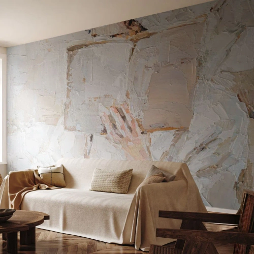 Papier Peint Photo Premium Sand - Une main tenant un livre dans une texture de peinture blanche - 100x70cm - Dans un autre monde - Décoration murale moderne pour le salon et la chambre ARTTOR