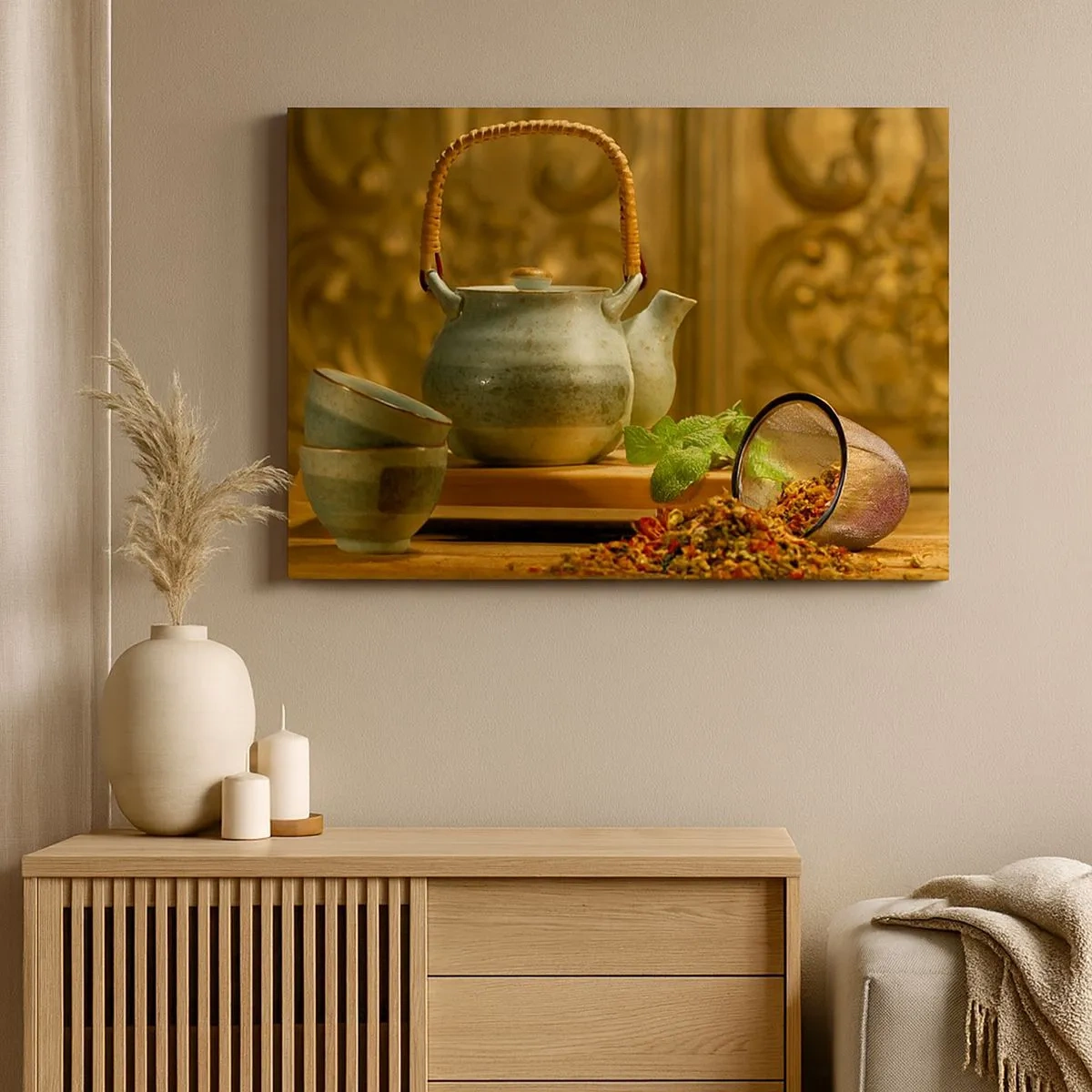 Impression sur toile - Image sur toile - Pichet en céramique avec tasses et thé séché - 70x50cm - Un traité sur la consommation de thé - Décoration murale moderne pour le salon et la chambre ARTTOR