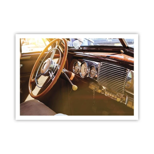 Affiche - Poster - Gros plan de l'intérieur d'une voiture classique avec des détails en bois et en chrome. - 100x70cm - Souffle de luxe venu du passé - Décoration murale moderne pour le salon et la chambre ARTTOR