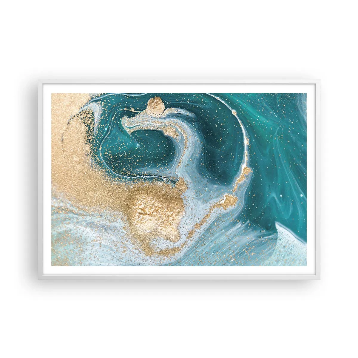 Affiche dans un cadre blanc - Poster - Tourbillon d'or et de turquoise - 100x70 cm