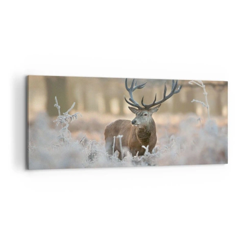 Impression sur toile - Image sur toile - Un cerf dans une clairière givrée dans une forêt hivernale aux couleurs subtiles - 120x50cm - Une matinée animée - Décoration murale moderne pour le salon et la chambre ARTTOR