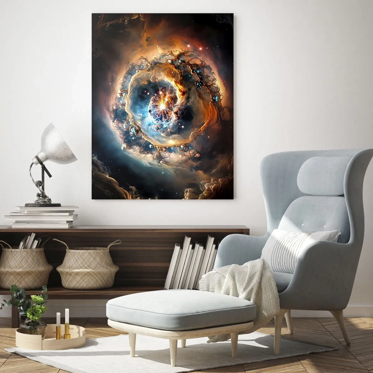 Impression sur verre - Image sur verre - Une vision abstraite d'une explosion cosmique dans des tons d'or et de bleu. - 70x100cm - Le début - Décoration murale moderne pour le salon et la chambre ARTTOR