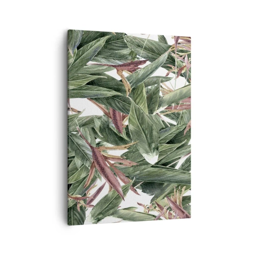 Impression sur toile - Image sur toile - Un motif de feuille décoratif dans des tons de vert et de bordeaux sur un fond clair - 50x70cm - Arbuste émeraude-lilas - Décoration murale moderne pour le salon et la chambre ARTTOR